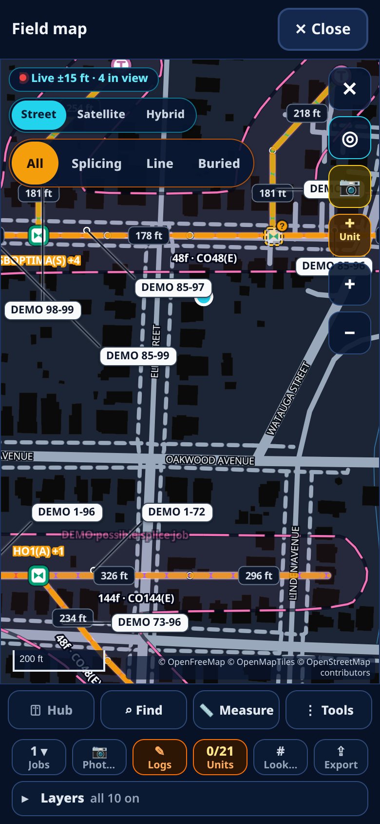 FiberDex field map with an imported demo job, cable counts and site pins